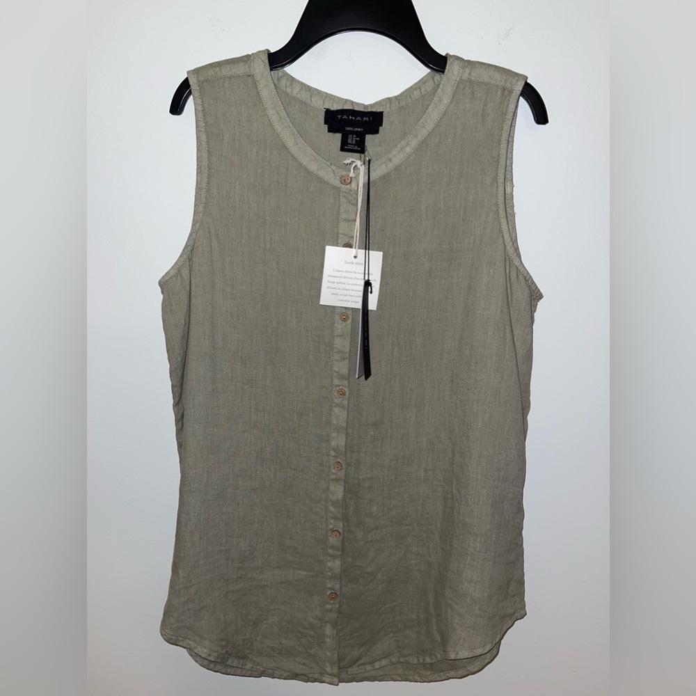 TAHARI Sleeveless Button‎ Up 100% Linen | Size Medium